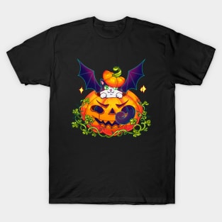 For the dark background: The Cat-bat, a pumpking and Halloween T-Shirt